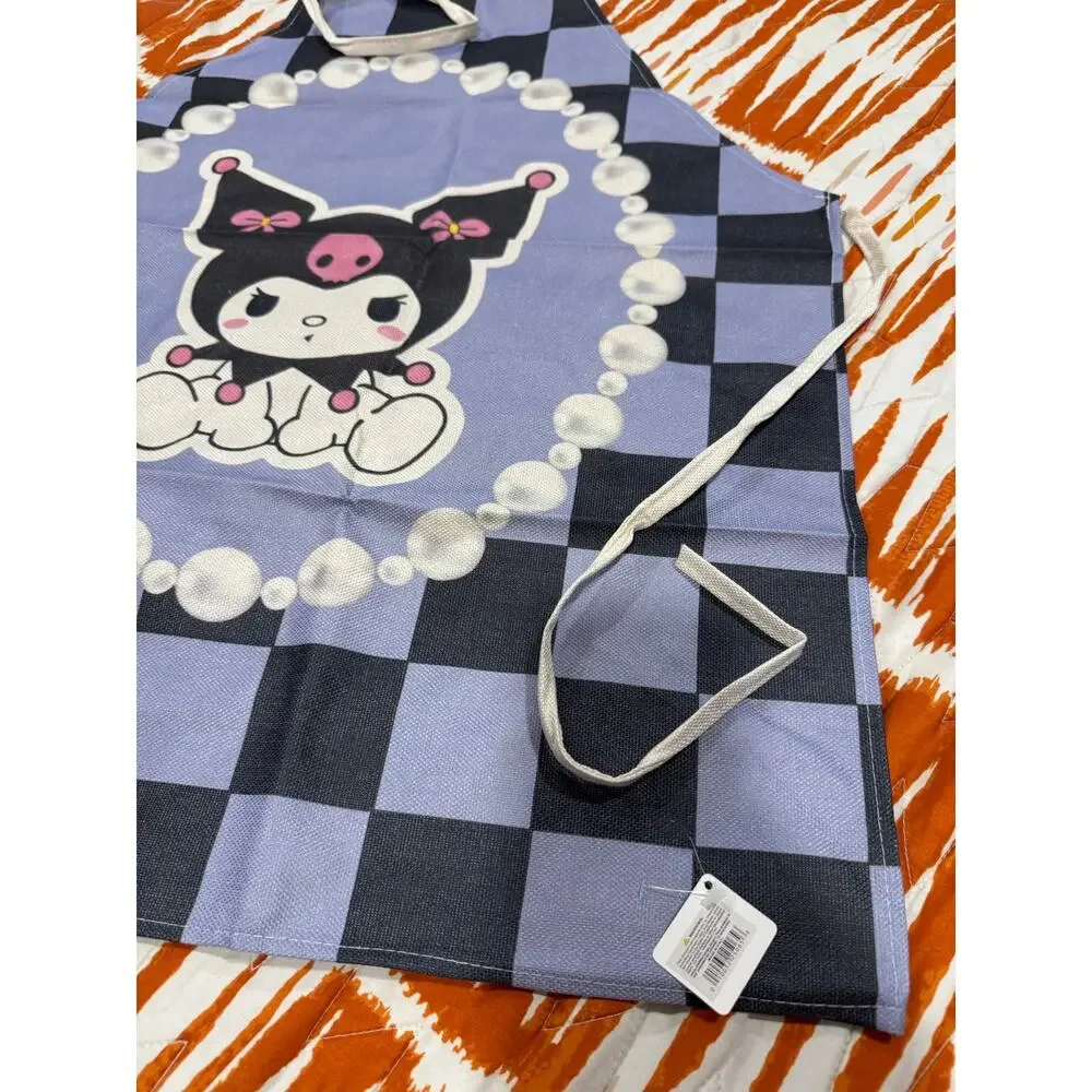 Sanrio Kuromi black and purple checkered apron with pearl necklace graphic